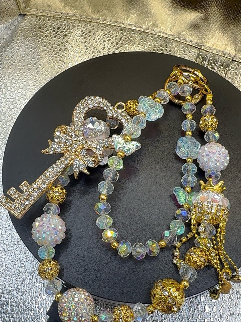 Gold Crystal Key Pendant Bag Chain - Iridescent Beaded